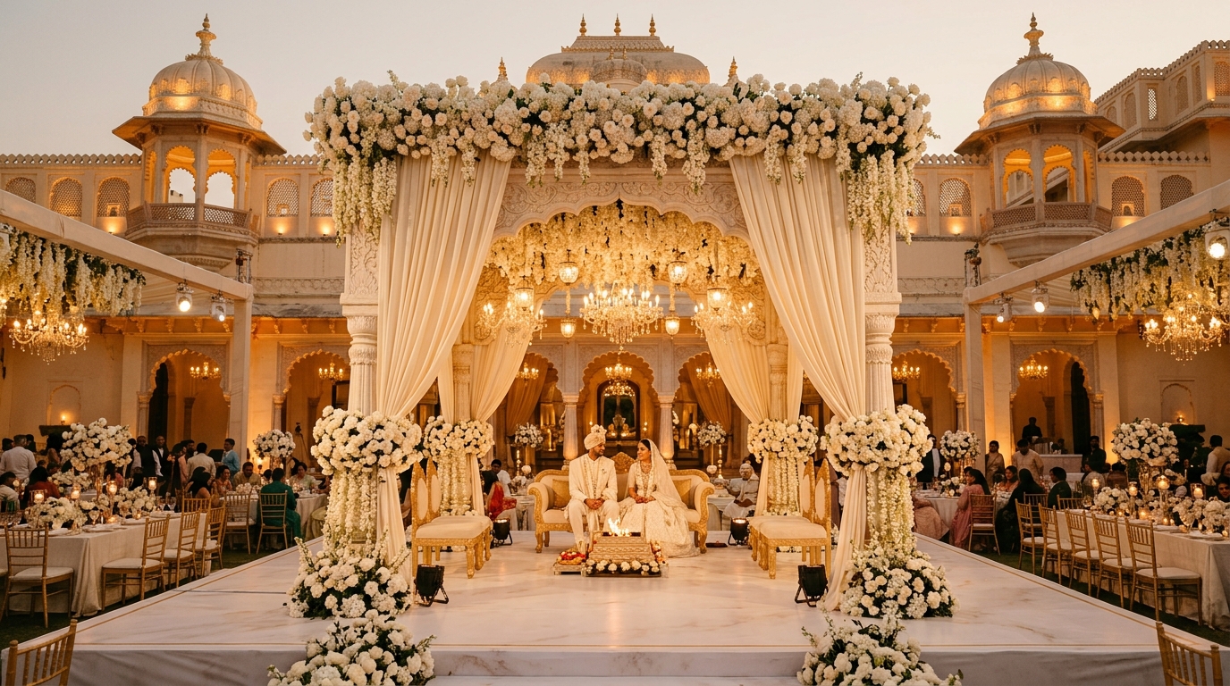 Grand Mysore Palace Wedding Mandap in White & Cream Luxury Theme